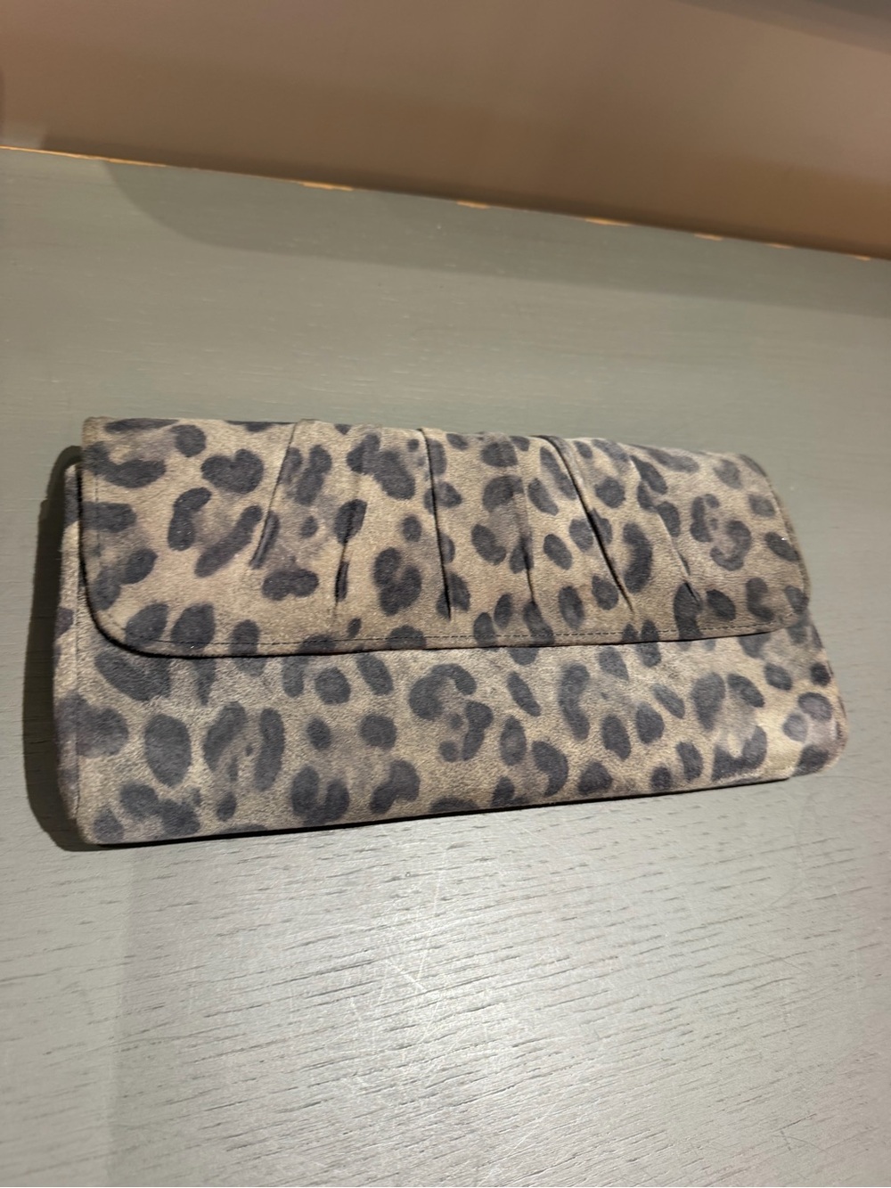 Leopard Print Suede Clutch - Gray